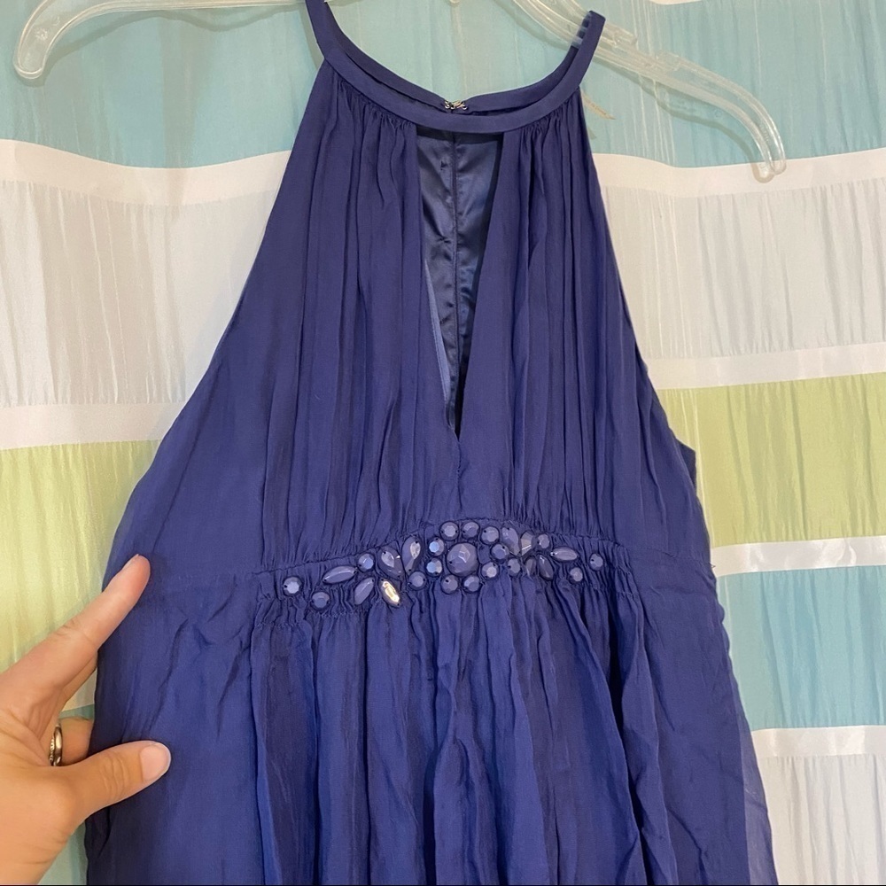 Rebecca Taylor Silk Beaded Waist Halter Dress Blue Sz 2 - Picture 4 of 9
